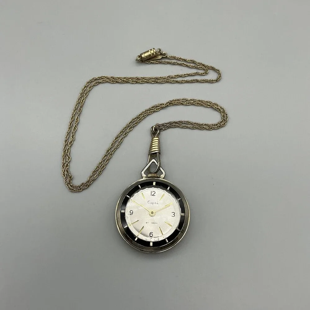 Vintage Capri Pendant Pocket Watch Necklace Women 34mm Silver Tone New Battery